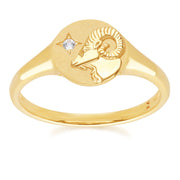 Bague Chevalière Zodiaque Bélier en Or Jaune 9ct avec un Diamant