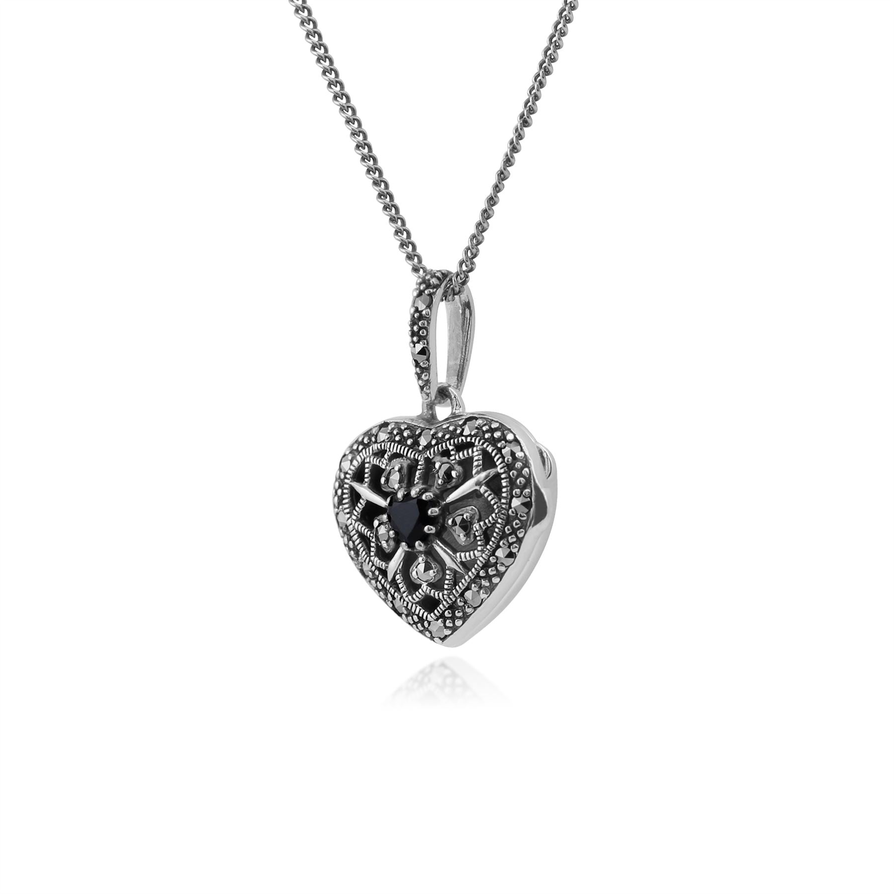 Collier Cœur Porte-Photo Style Art Nouveau Argent 925 Saphir Rond et Marcassite