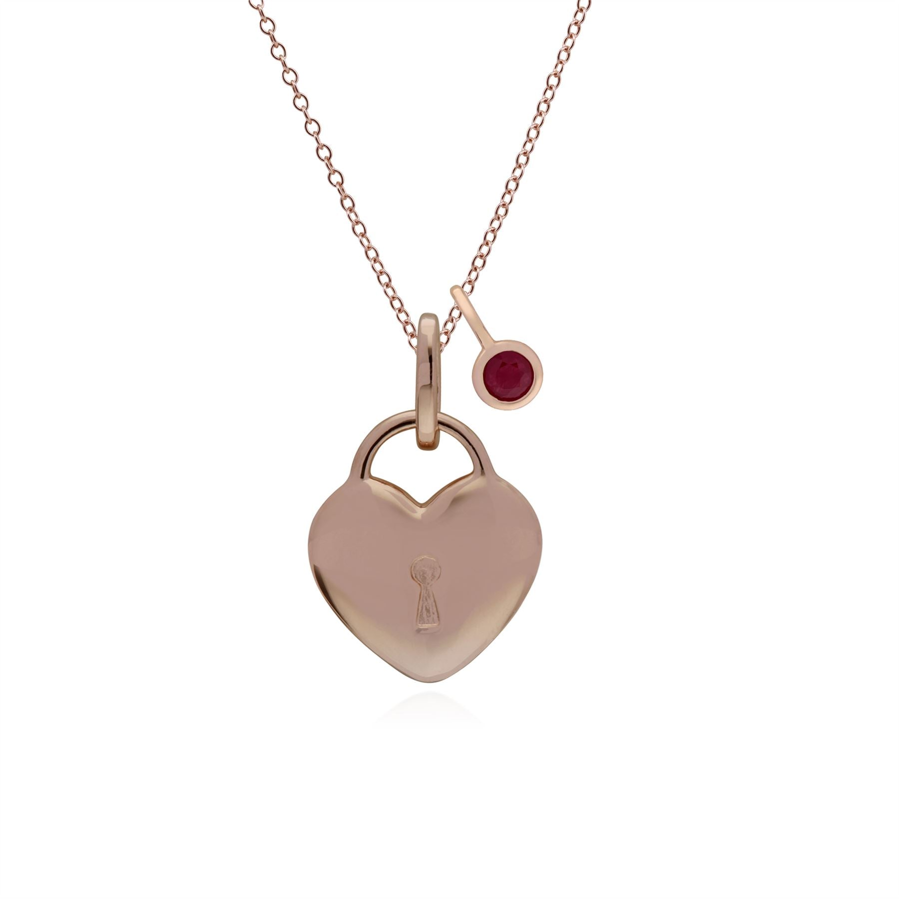 Pendentif Classique Cadenas Cœur Argent 925 Plaqué Or Rose et Charms Rubis