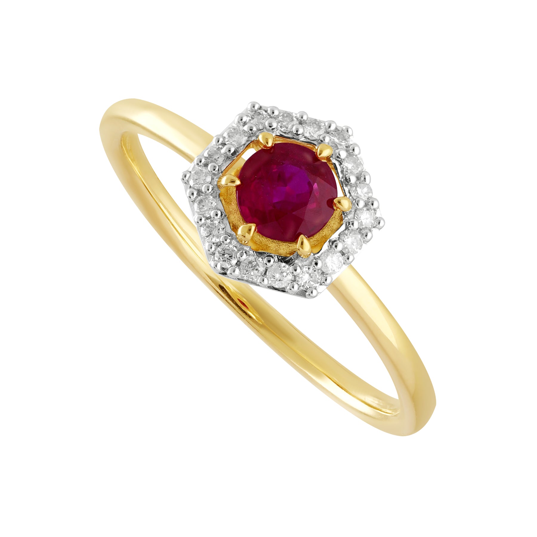 Bague Fiançailles Halo Or Jaune 375 Rubis 0,48ct et Diamant