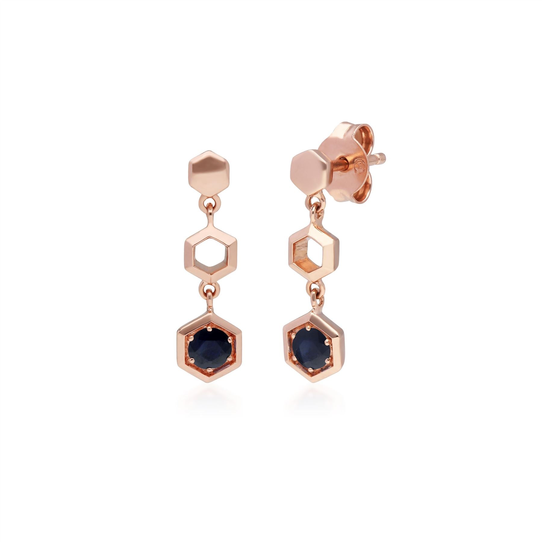 Boucles d'Oreilles Pendantes Style Honeycomb Or Rose 375 Saphir Bleu