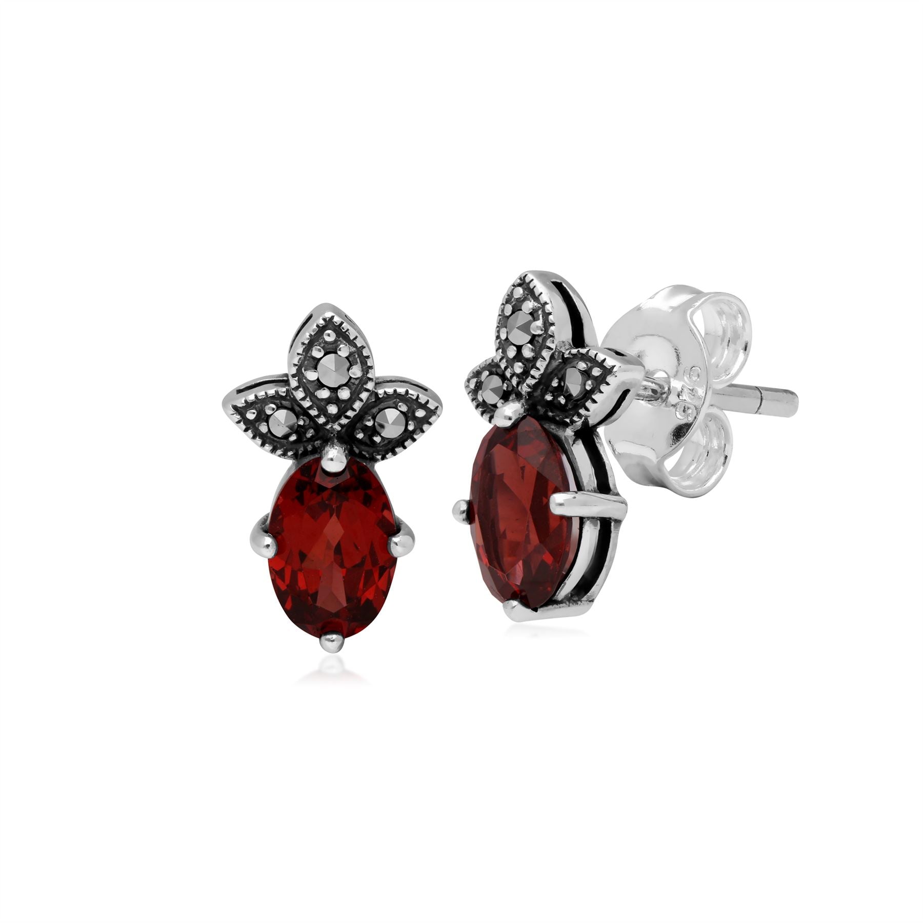 Boucles d'Oreilles Clou Classique Argent 925 Grenat Oval et Marcassite
