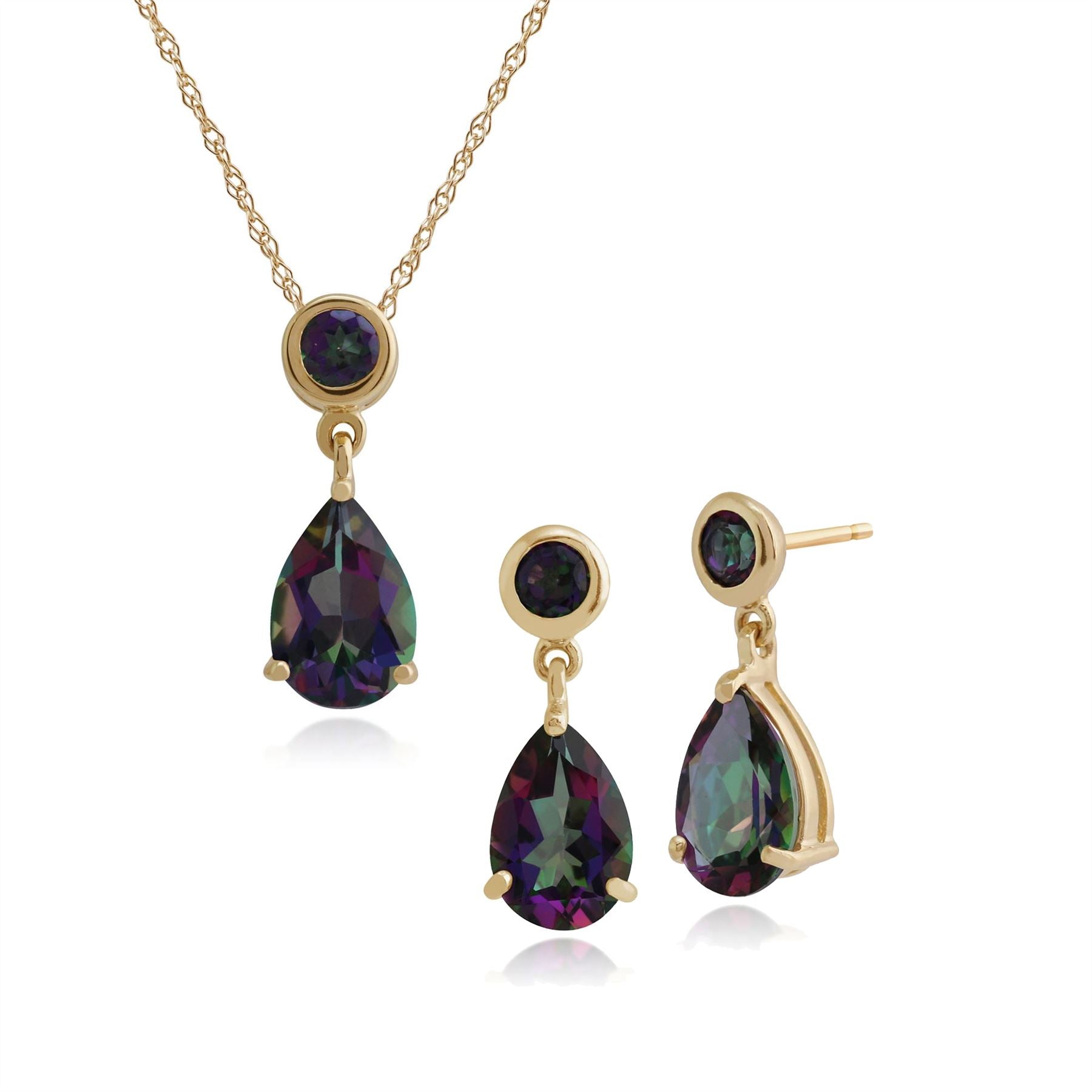 Pendentif et Boucles d'Oreilles Pendantes Classique Or Jaune 375 Topaze Mystique Ronde et Poire