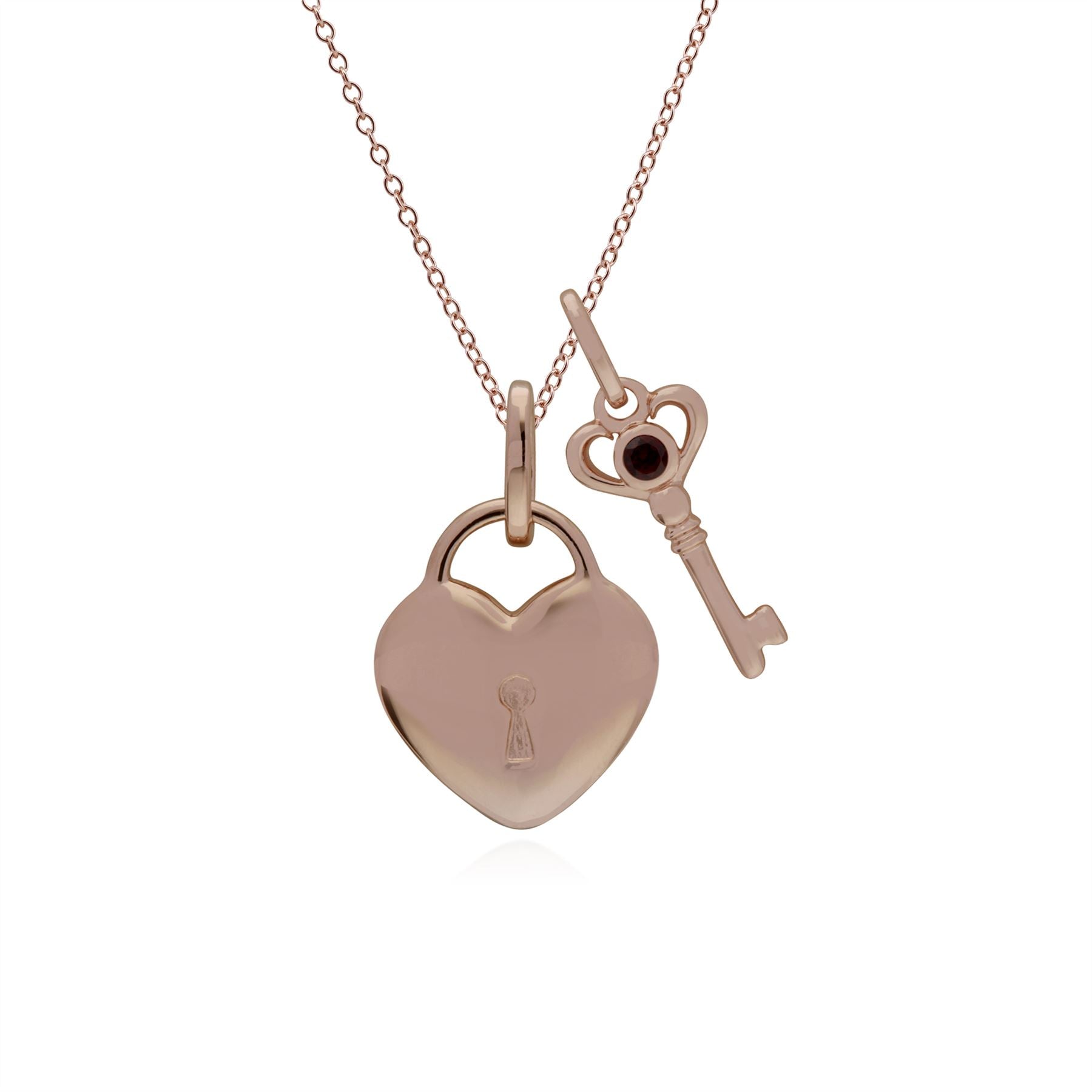 Pendentif Classique Cadenas Cœur Argent 925 Plaqué Or Rose et Charms Clé Grenat