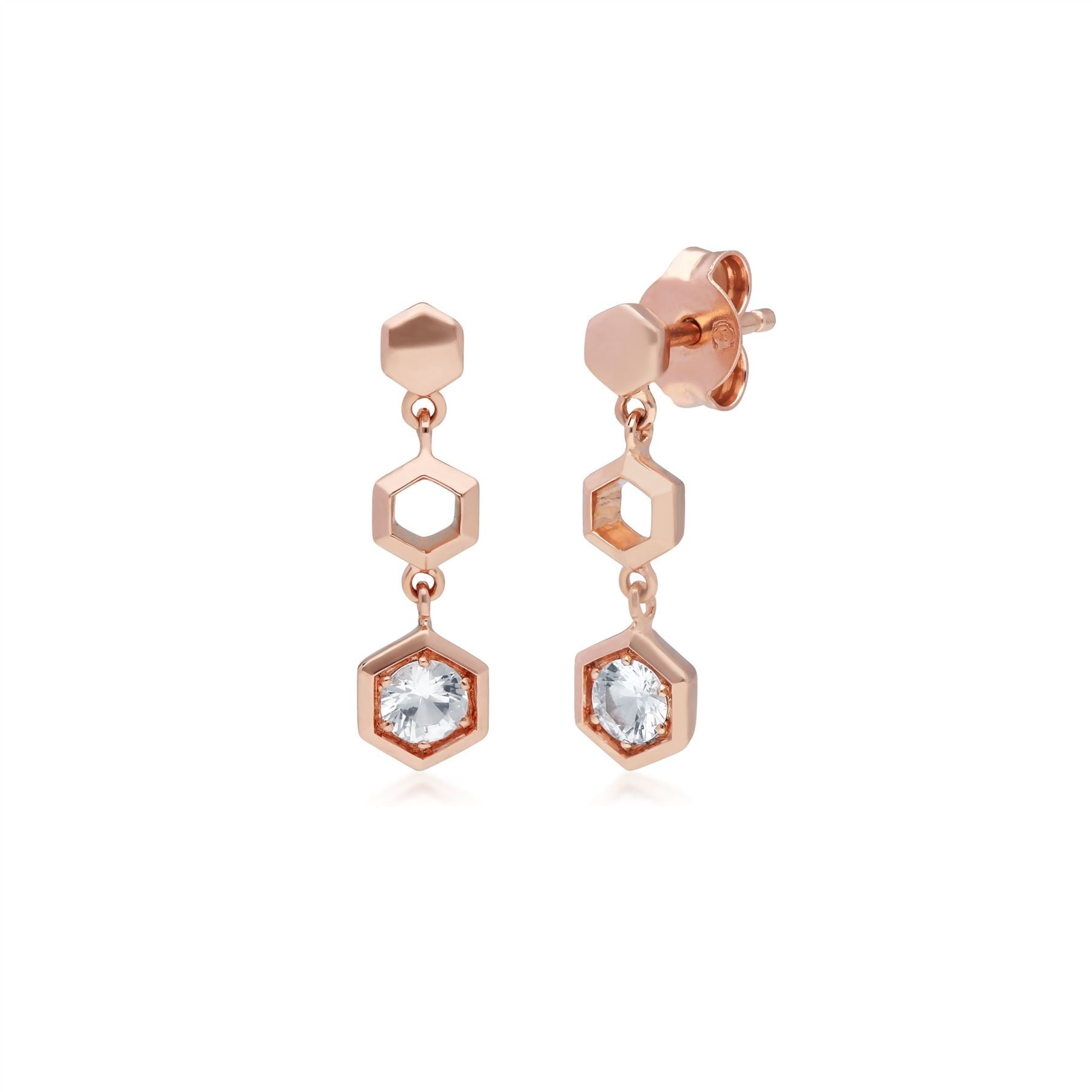 Boucles d'Oreilles Pendantes Style Honeycomb Or Rose 375 Saphir Blanc