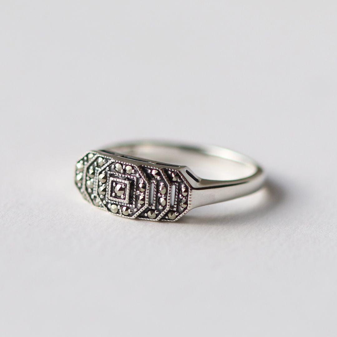 Bague Art Déco en Argent 925 avec Marcassite Ronde