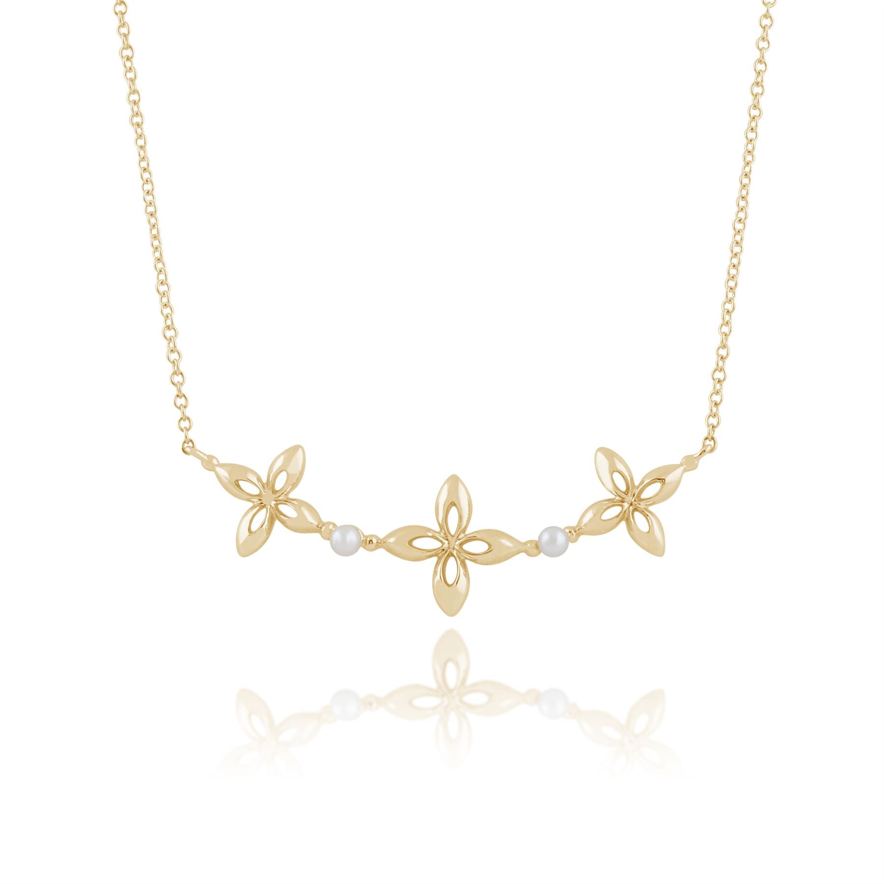 Collier de Perles, 9 CT or Jaune 0,20 CT Perle Ixora Fleur 45cm Collier