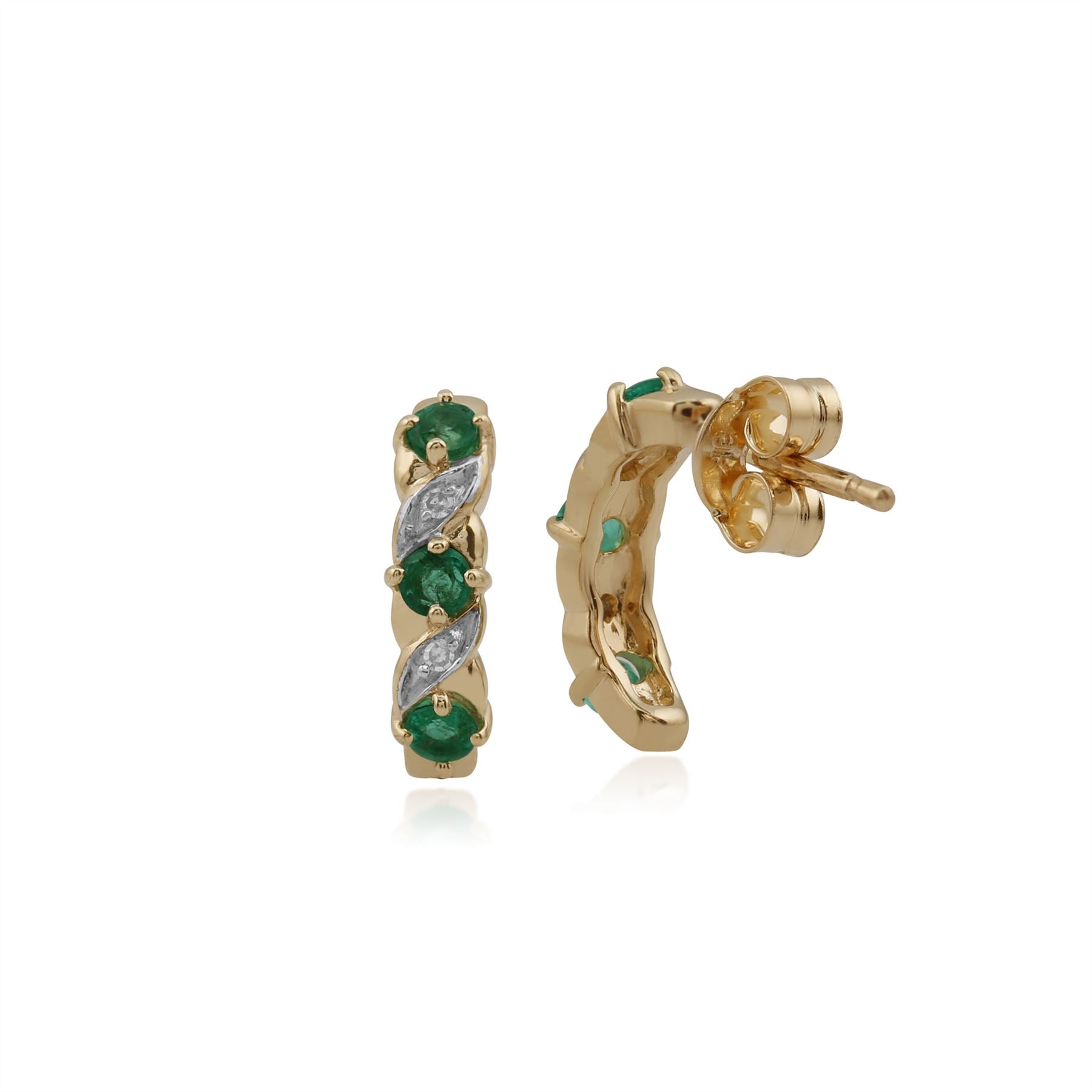 Boucles d'Oreilles Demi Créoles Classique Or Jaune 375 Emeraude Rond et Diamant