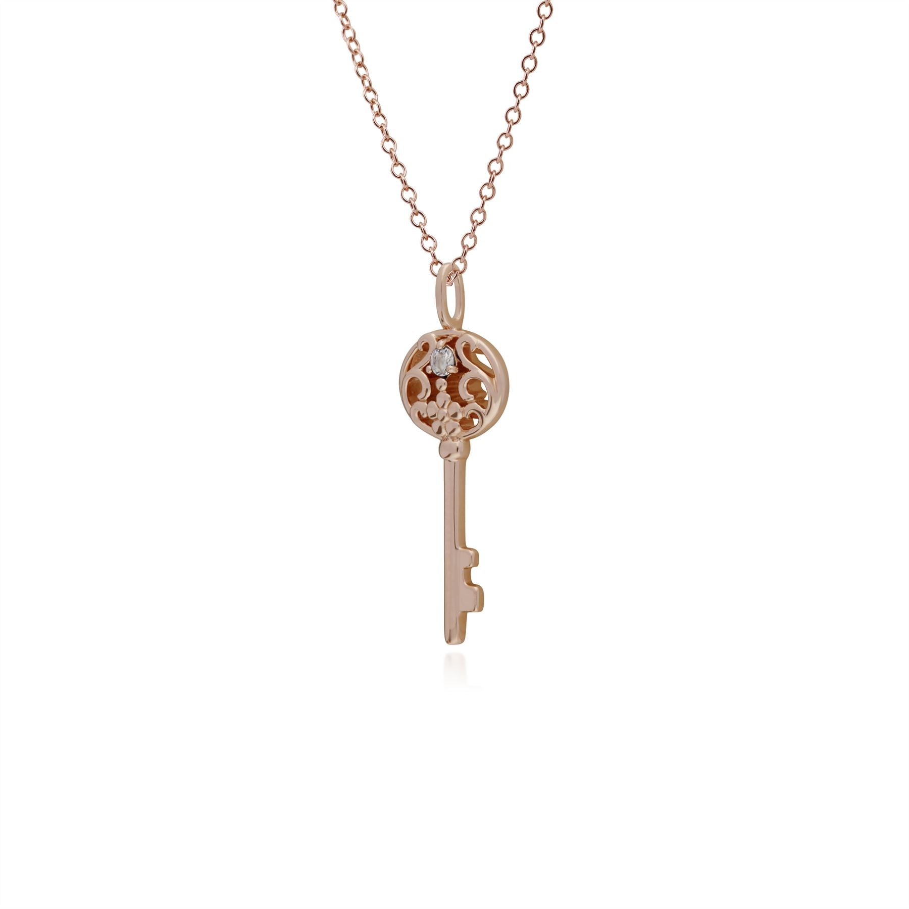 Pendentif Classique Argent 925 Plaqué Or Rose Grande Clé avec Topaze Blanc Rond