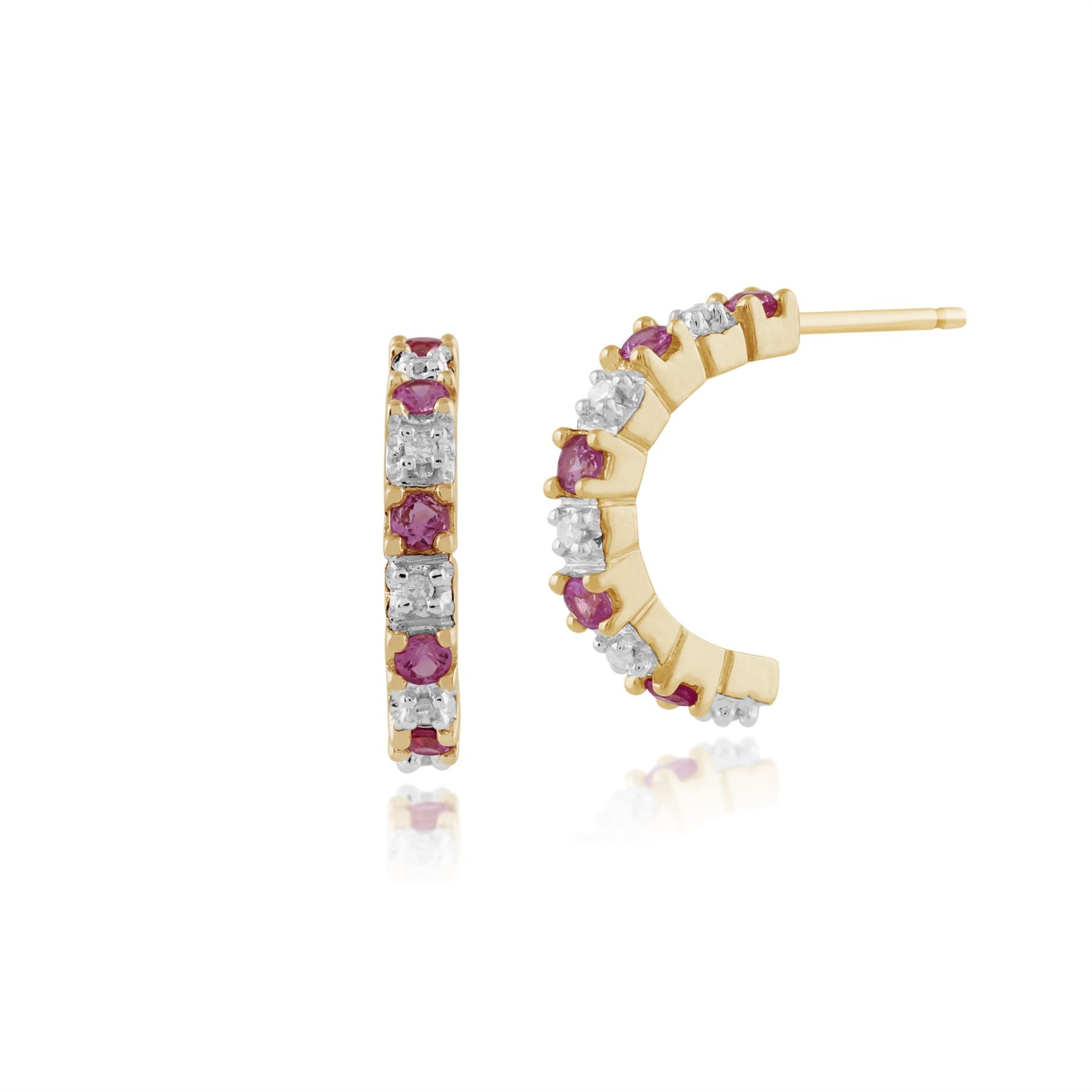 Boucles d'Oreilles Demi Créoles et Bague Demi-Eternité Classique Or Jaune 375 Saphir Rose Rond et Diamant