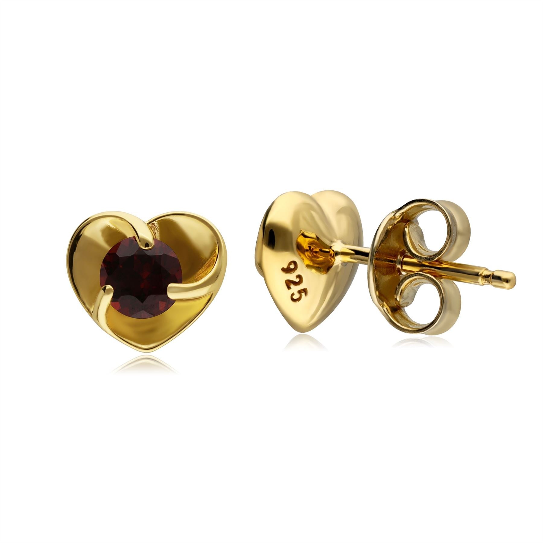 Boucles d’Oreilles Clou Coeur Argent 925 Plaqué Or Jaune avec Grenat