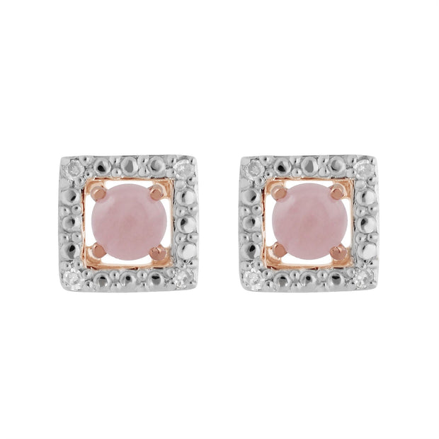 Boucles d'Oreilles Clou Quartz Rose Classique Or Rose 375 et Ear-Jacket Carré Diamant