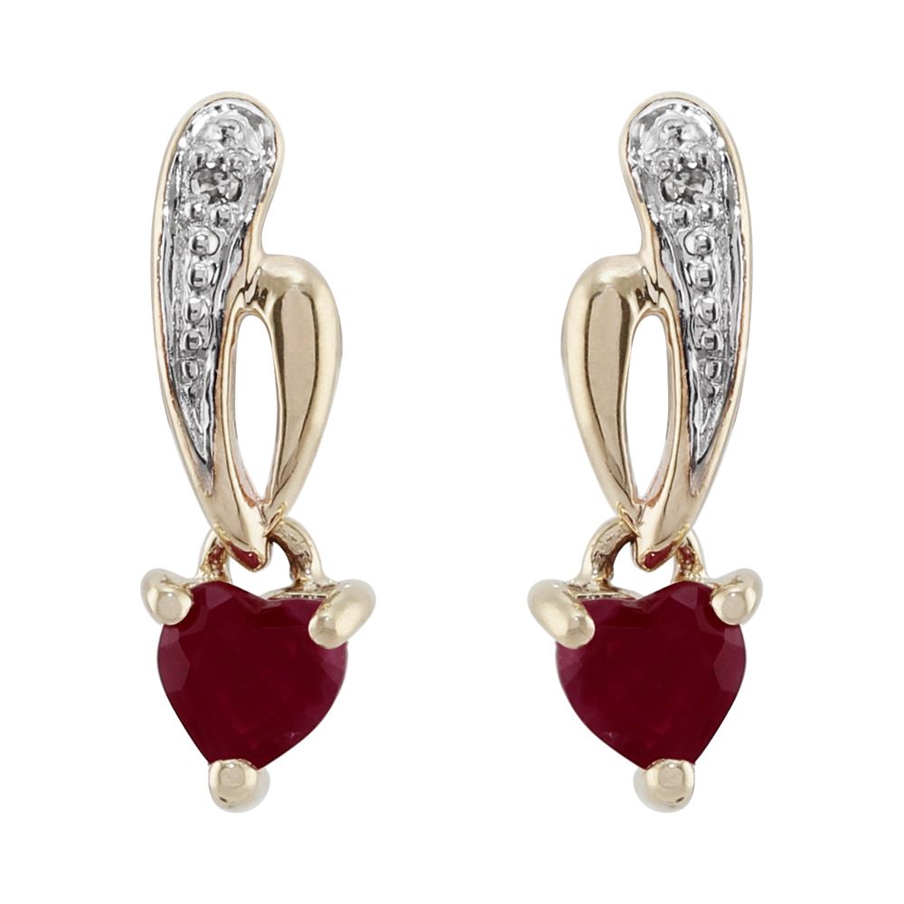 Boucles d'Oreilles Pendantes Style Art Nouveau Or Jaune 375 Rubis Cœur et Diamant