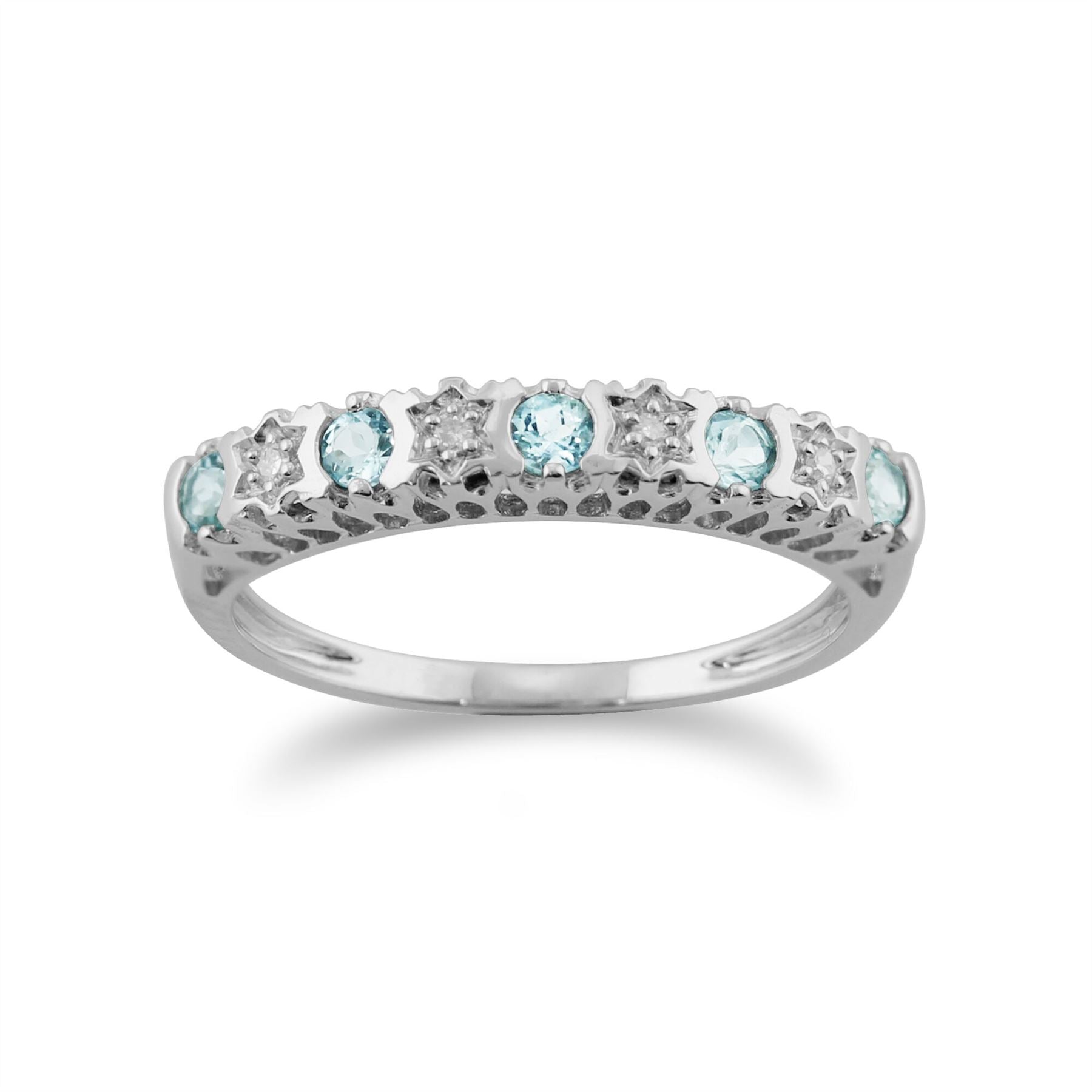 Bague Classique Demi-Eternité Or Jaune 375 Aigue-Marine et Diamant