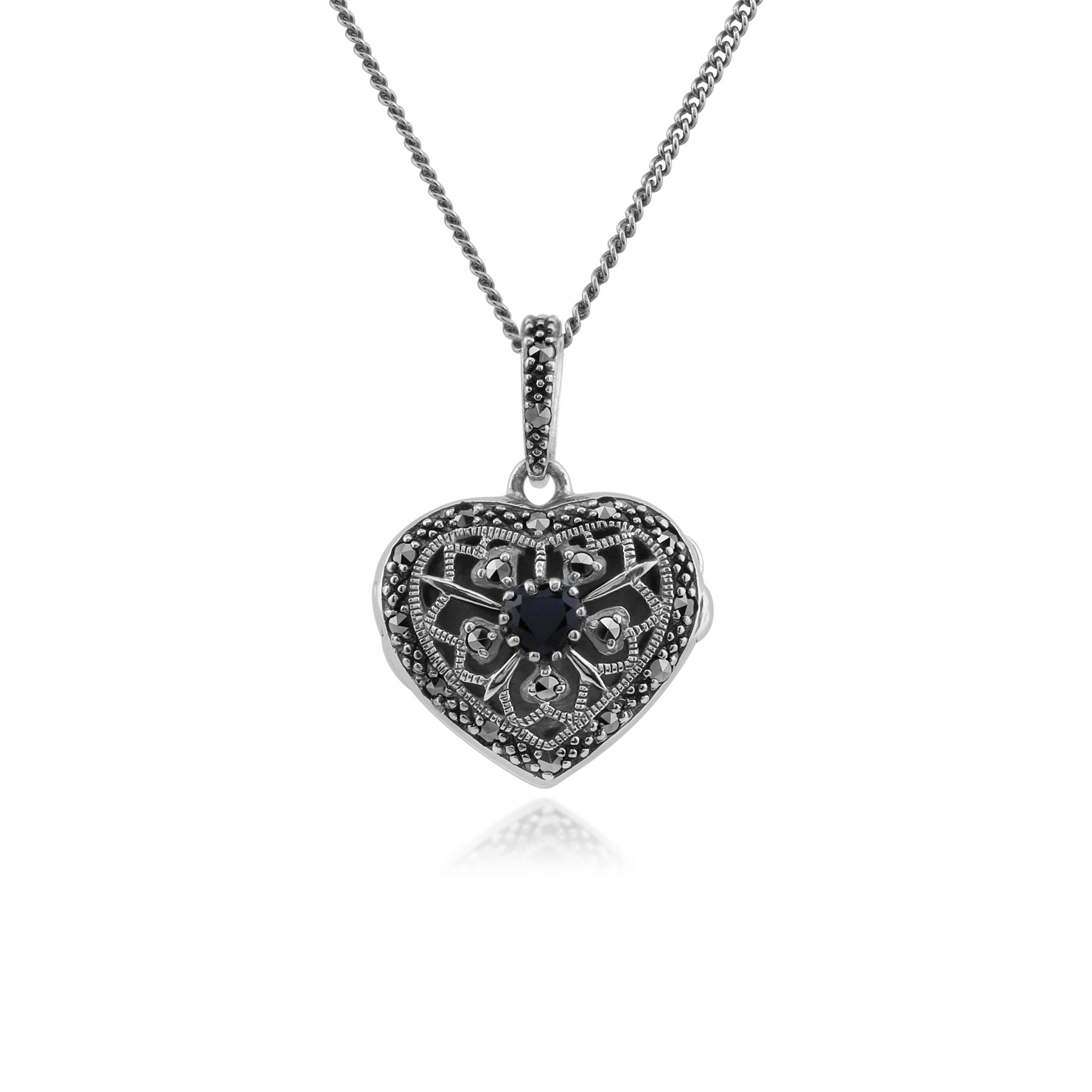 Collier Cœur Porte-Photo Style Art Nouveau Argent 925 Saphir Rond et Marcassite