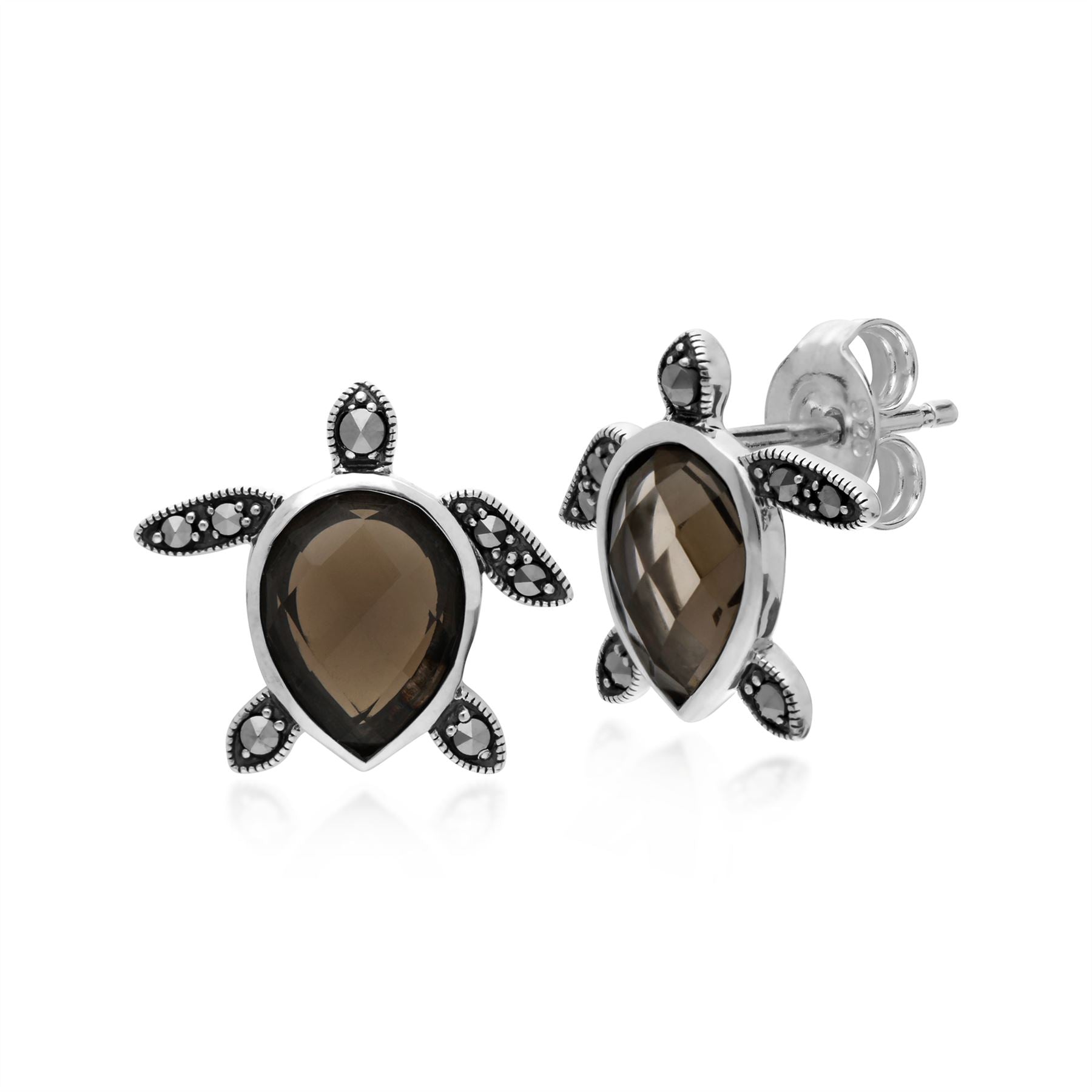 Fumé Quartz Boucles D'Oreilles, Argent Sterling 1,7ct Fumé Quartz & 0,16 CT Marcassite Tortue Boucles D'Oreilles