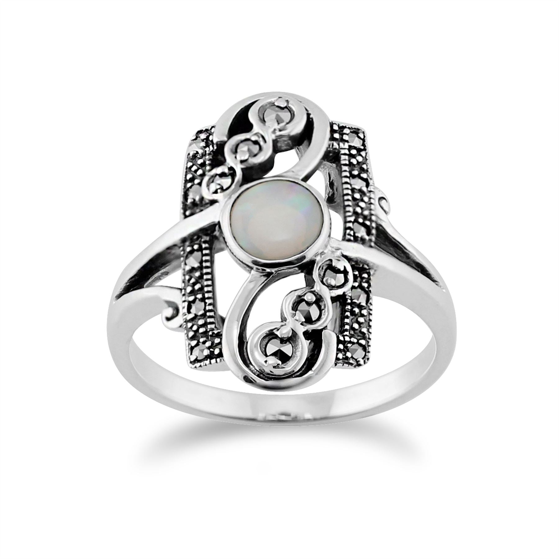 Gemondo 925 Argent 0,28ct Cabochon Opale & 0,15 CT Marcassite Classique Bague Style Art Nouveau