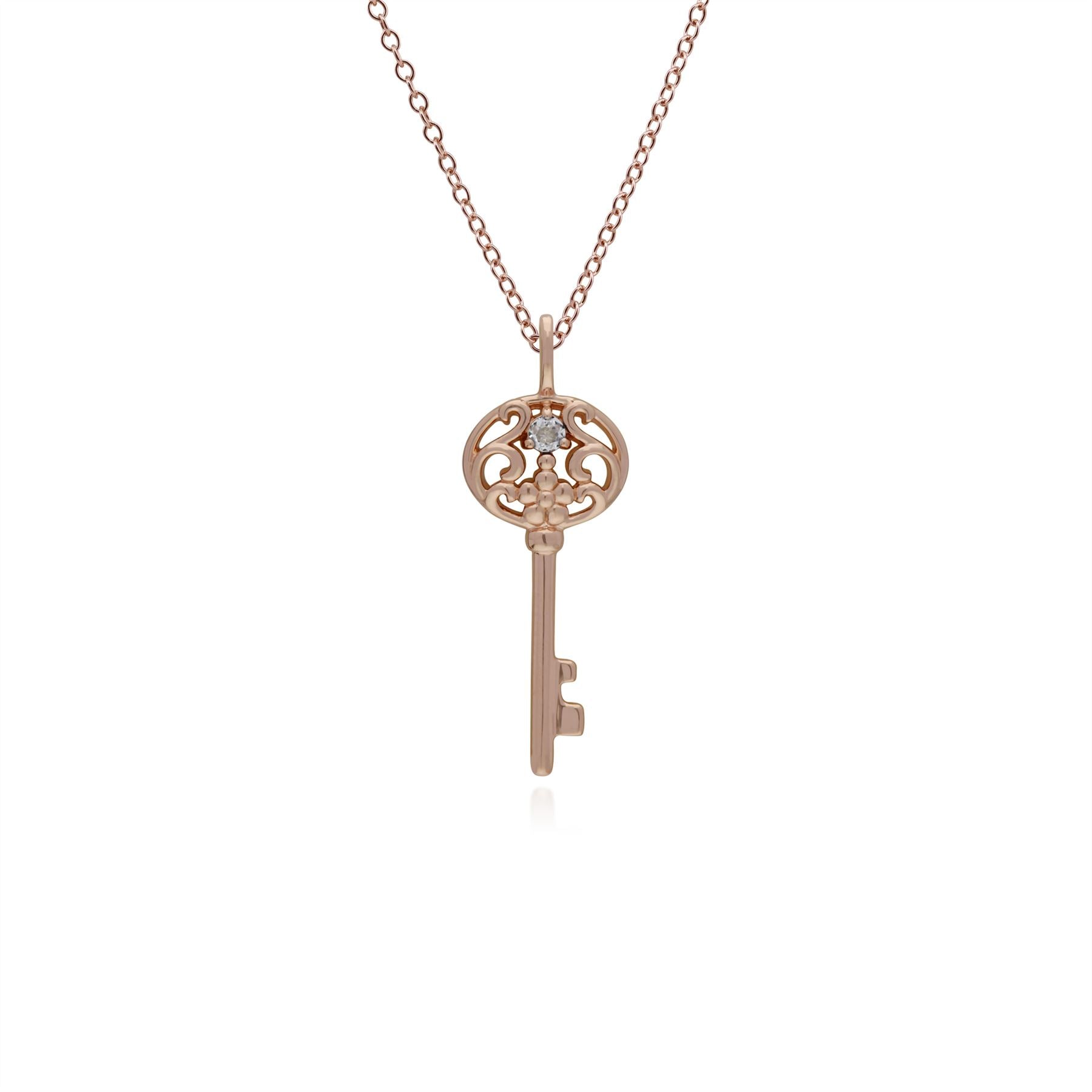 Pendentif Classique Argent 925 Plaqué Or Rose Grande Clé avec Topaze Blanc Rond