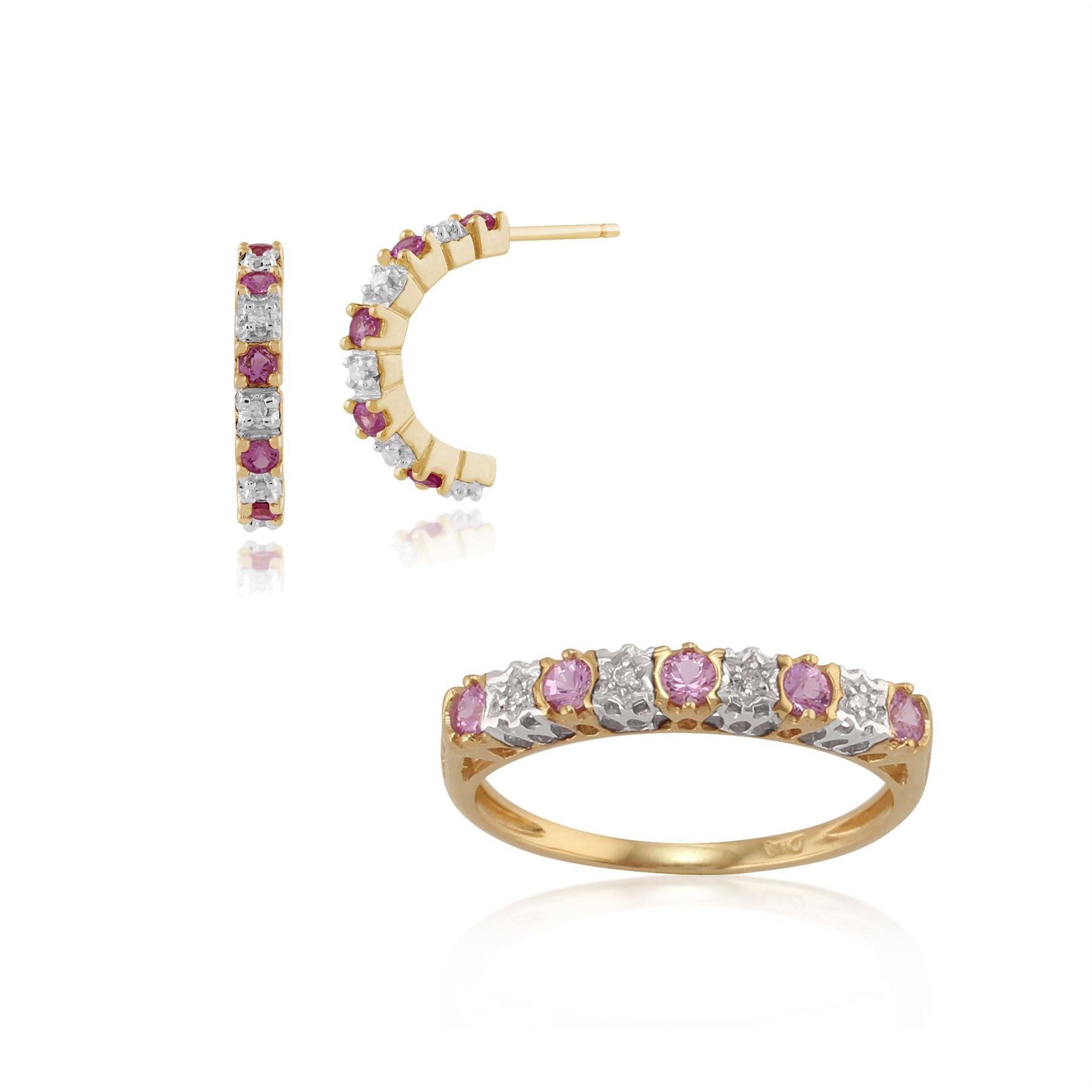 Boucles d'Oreilles Demi Créoles et Bague Demi-Eternité Classique Or Jaune 375 Saphir Rose Rond et Diamant