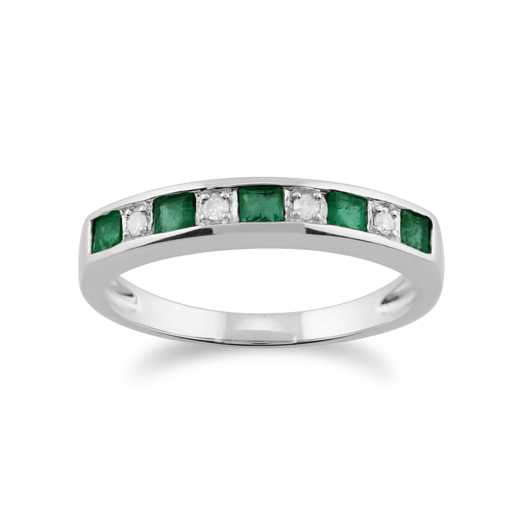 Bague Classique Demi-Eternité Or Blanc 375 Emeraude carrée et Diamant