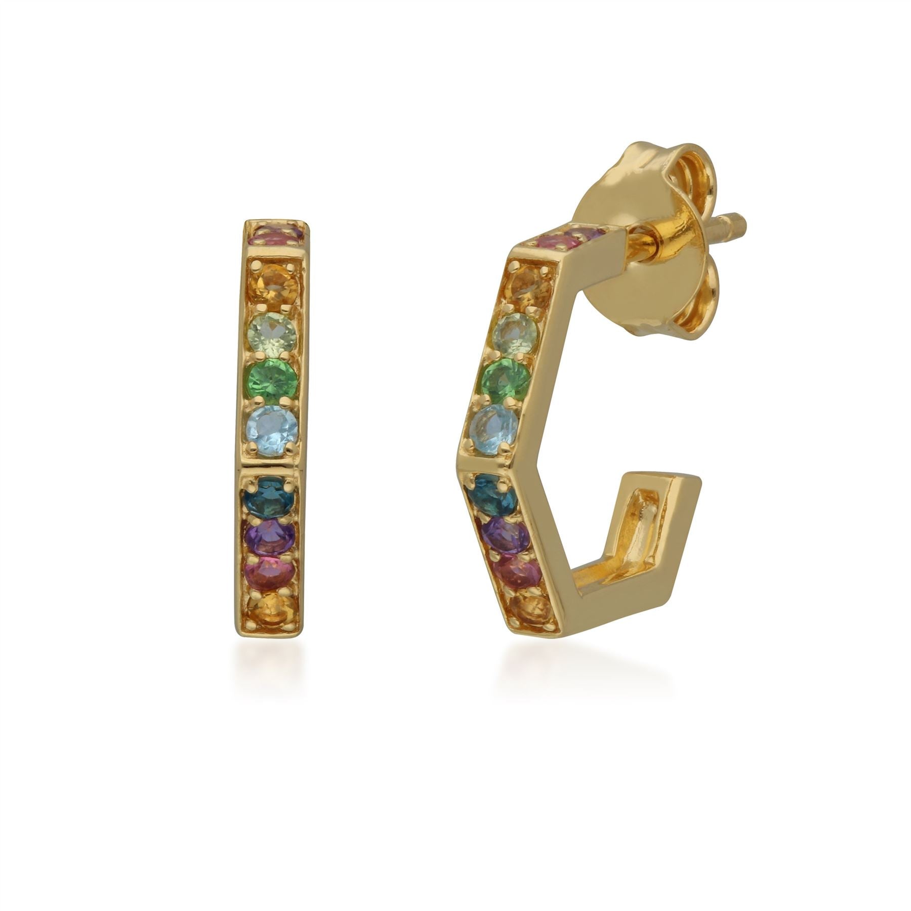 Boucles d'Oreilles Hexagone Créoles Arc-en-Ciel Argent 925 Doré à l'Or Fin
