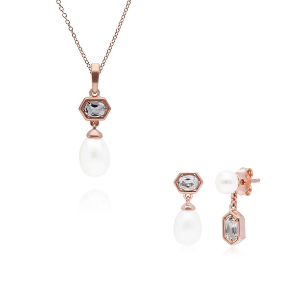 Pendentif et Boucles d'Oreilles Perle Moderne Argent 925 Plaqué Or Rose Topaze Blanche et Perle