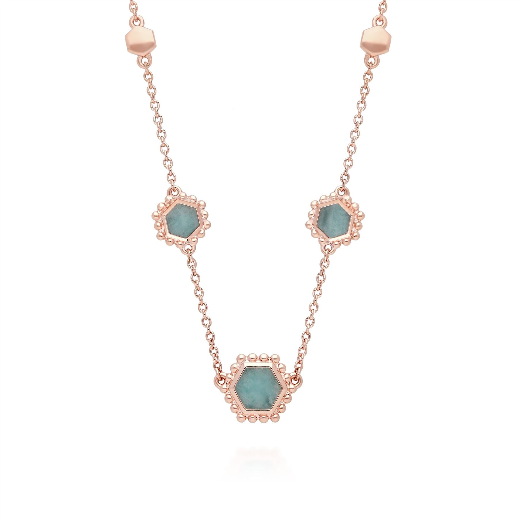 Collier Chaîne Flat Slice Hexagone Argent 925 Plaqué Or Rose Amazonite