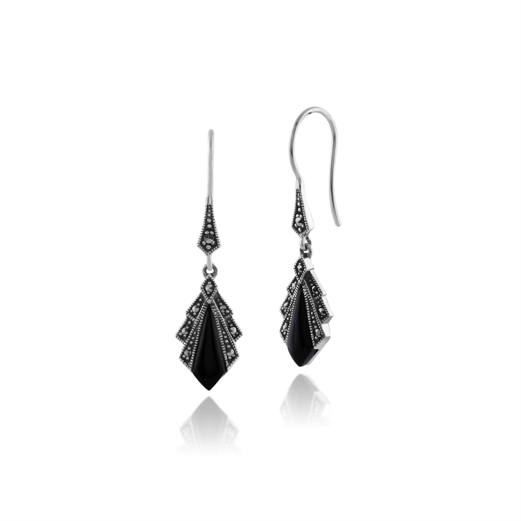 Boucles d'Oreilles Pendantes Style Art Déco Argent 925 Onyx Noire Diamant et Marcassite