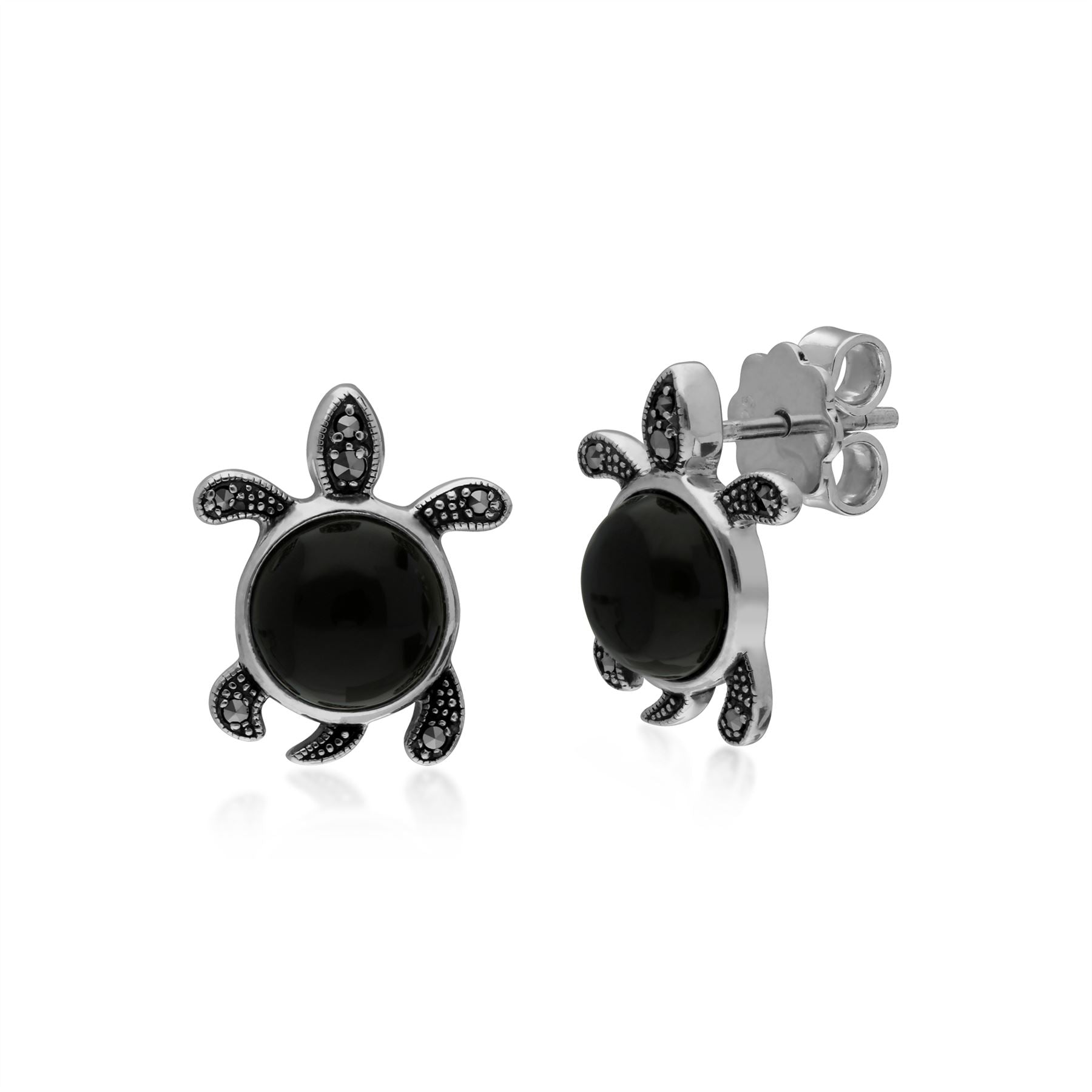 Onyx Boucles D'Oreilles Argent Sterling 3ct Onyx Noir & 0,10 CT Marcassite Tortue Boucles D'Oreilles