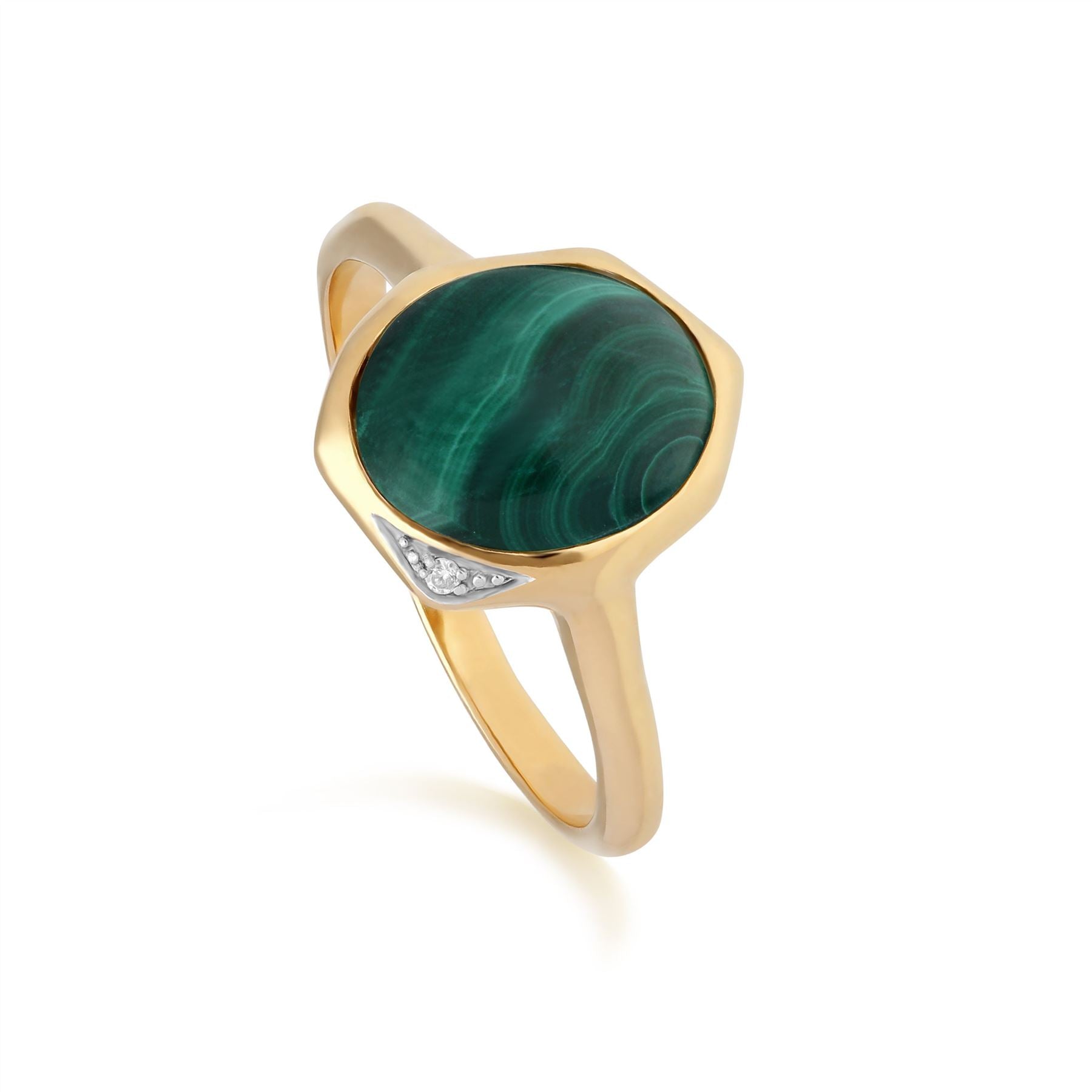 Bague Irregulier B Gem Argent 925 Plaqué Or Malachite et Diamant