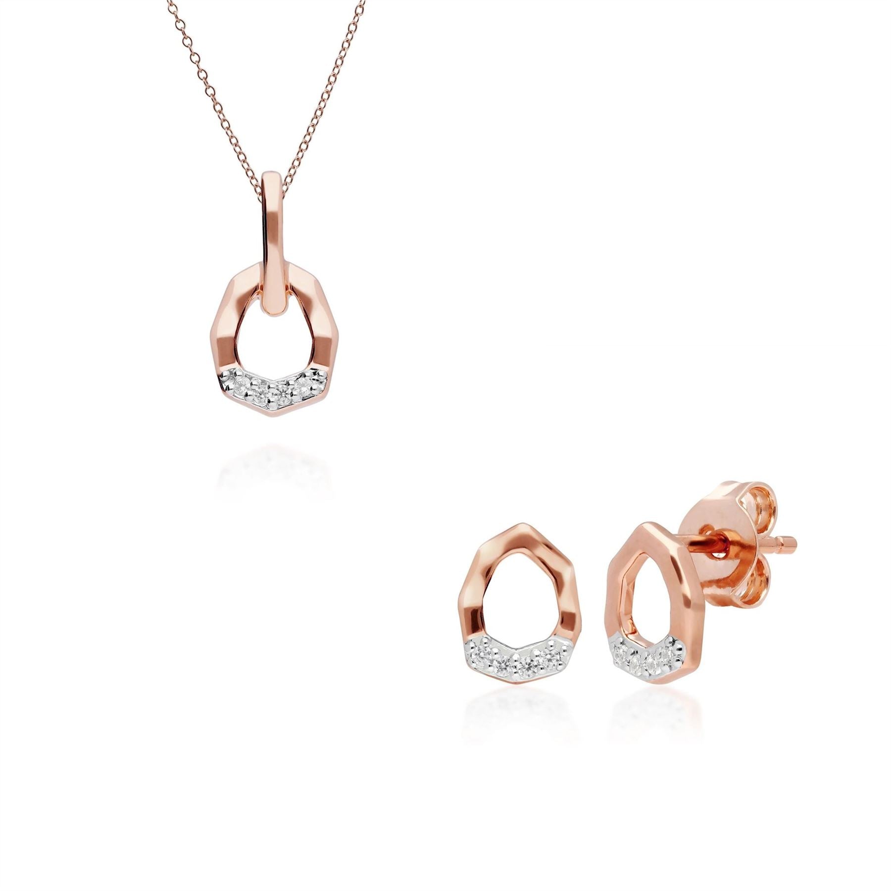 Pendentif et Boucles d'Oreilles Asymétriques Pavé Diamant Or Rose 375