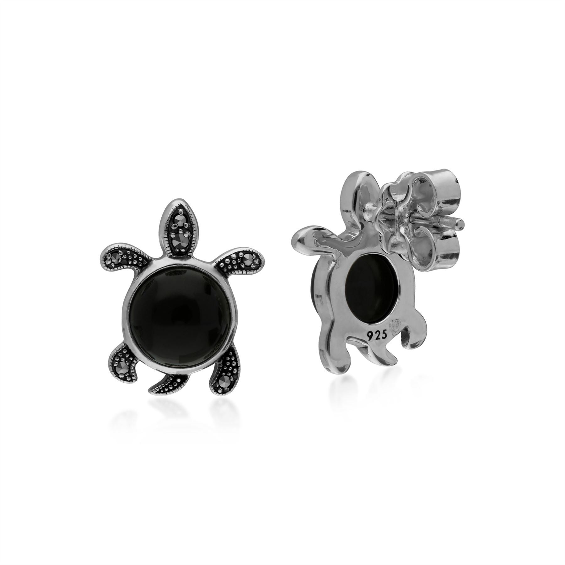 Onyx Boucles D'Oreilles Argent Sterling 3ct Onyx Noir & 0,10 CT Marcassite Tortue Boucles D'Oreilles