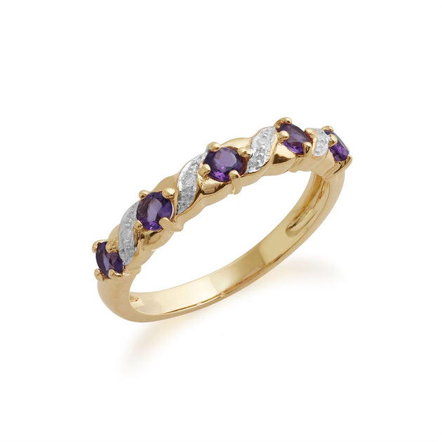 Bague Demi-alliance En Argent Plaqué Or Jaune Avec Améthyste Et Topaze Blanche - Taille 8 - 5 Pierres - Neuf Sans Boîte