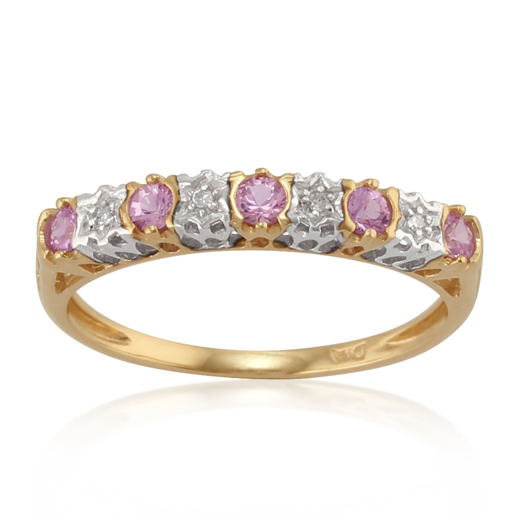 Boucles d'Oreilles Demi Créoles et Bague Demi-Eternité Classique Or Jaune 375 Saphir Rose Rond et Diamant