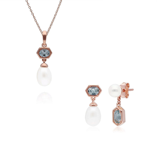 Pendentif et Boucles d'Oreilles Perle Moderne Argent 925 Plaqué Or Rose Topaze Bleue et Perle