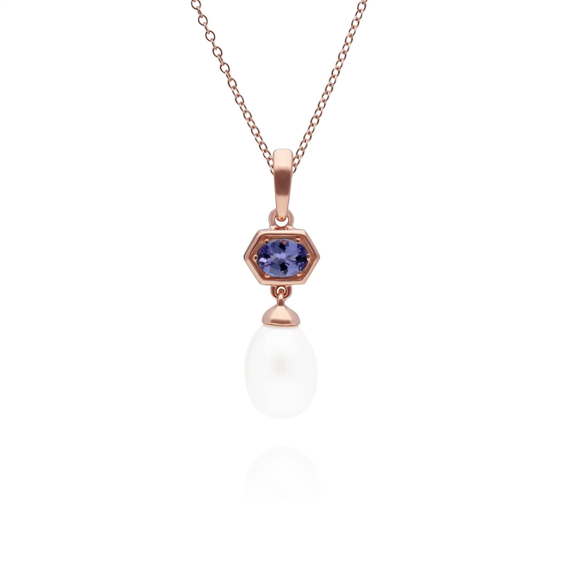 Pendentif Moderne Perle Argent 925 Plaqué Or Rose Perle et Tanzanite Hexagonal