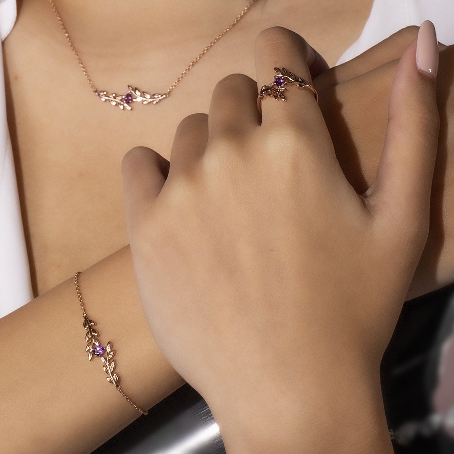 Collier O Leaf Or Rose 375 Améthyste