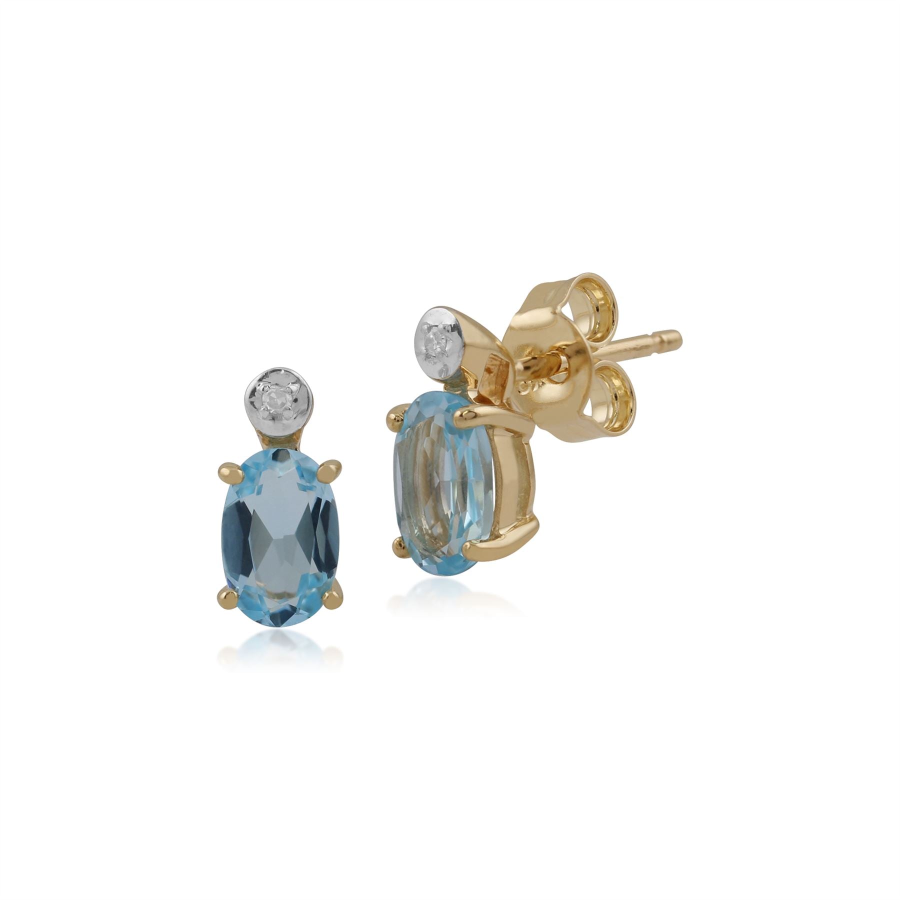 Boucles d'Oreilles Clou Classique Or Jaune 375 Topaze Bleue Ovale et Diamant