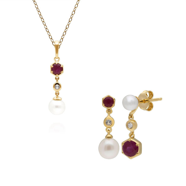 Boucles d'Oreilles et Pendentif Perle Moderne Argent 925 Plaqué Or Rubis, Topaze et Perle