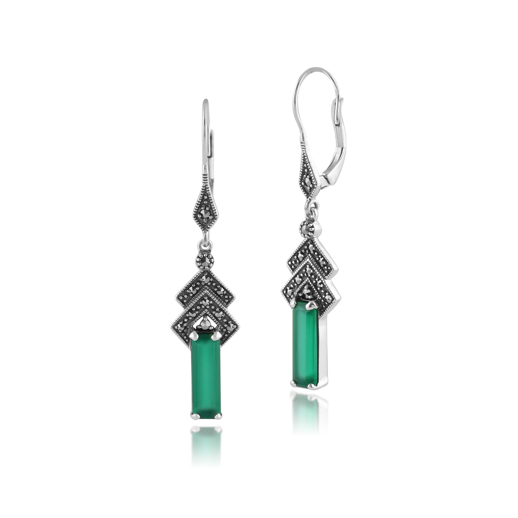 Boucles d'Oreilles Pendantes Style Art Déco Argent 925 Calcédoine Verte Rectangulaire et Marcassite