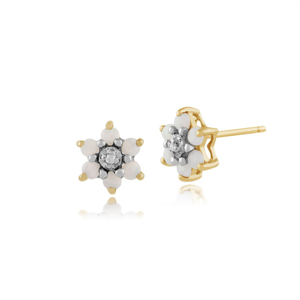 Boucles d'Oreilles Clou Floral Or Jaune 375 Opale Ronde et Diamant