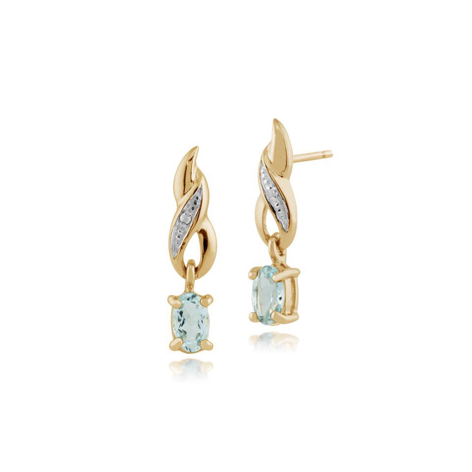 Boucles d'Oreilles Pendantes Classique Or Jaune 375 Aigue-Marine et Diamant Oval
