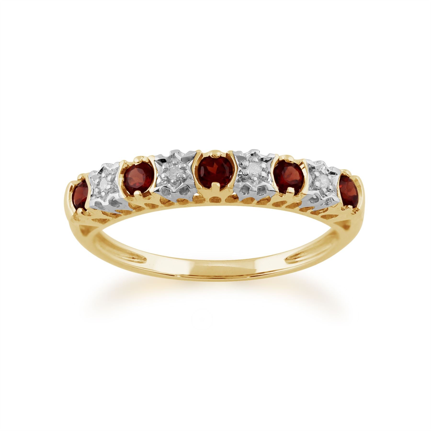 Bague Demi-Eternité en Or Jaune 9ct avec Grenats et Diamants Ronds