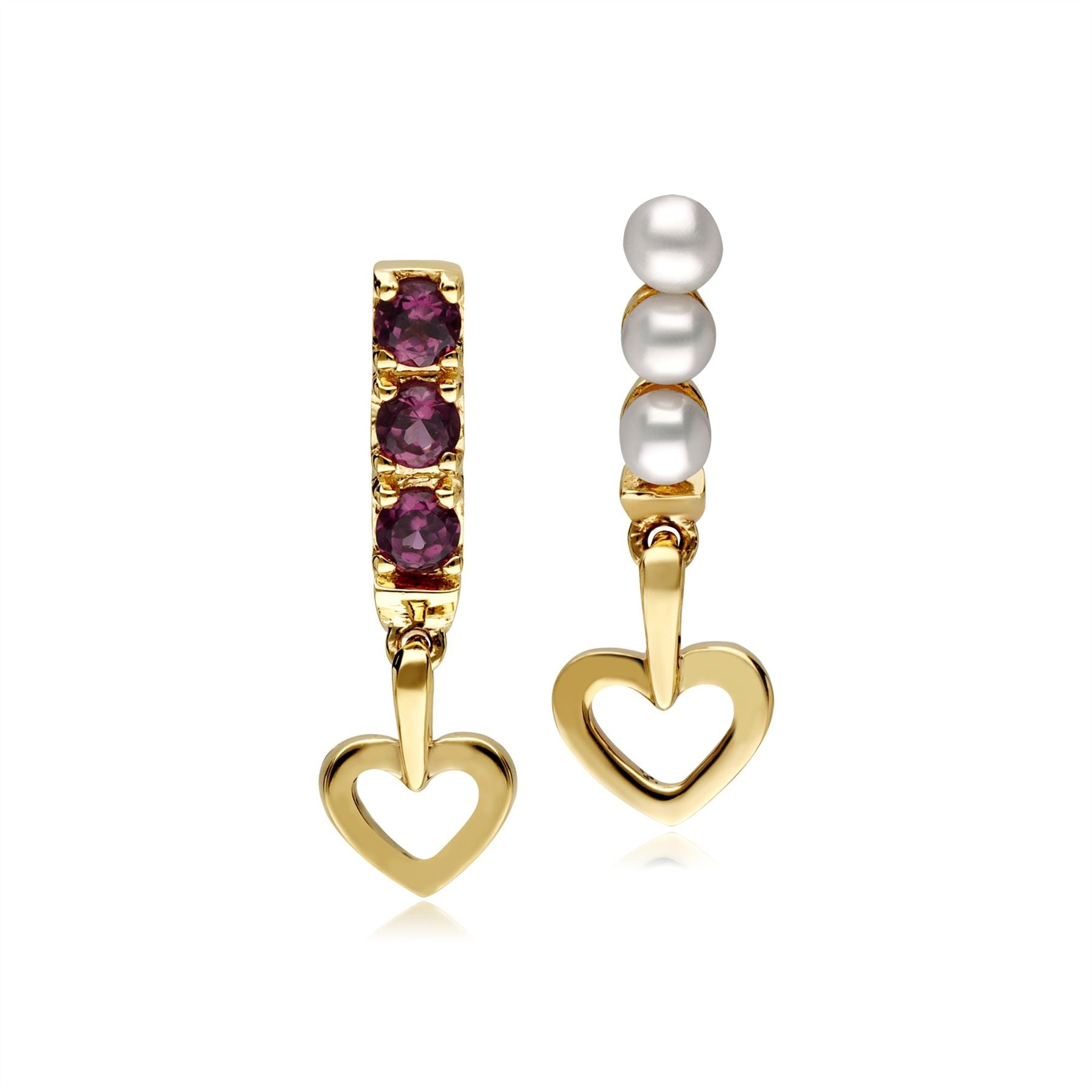Boucles d’Oreilles Cœur Pendantes Asymétriques avec Perles de Cultures et Rhodolites