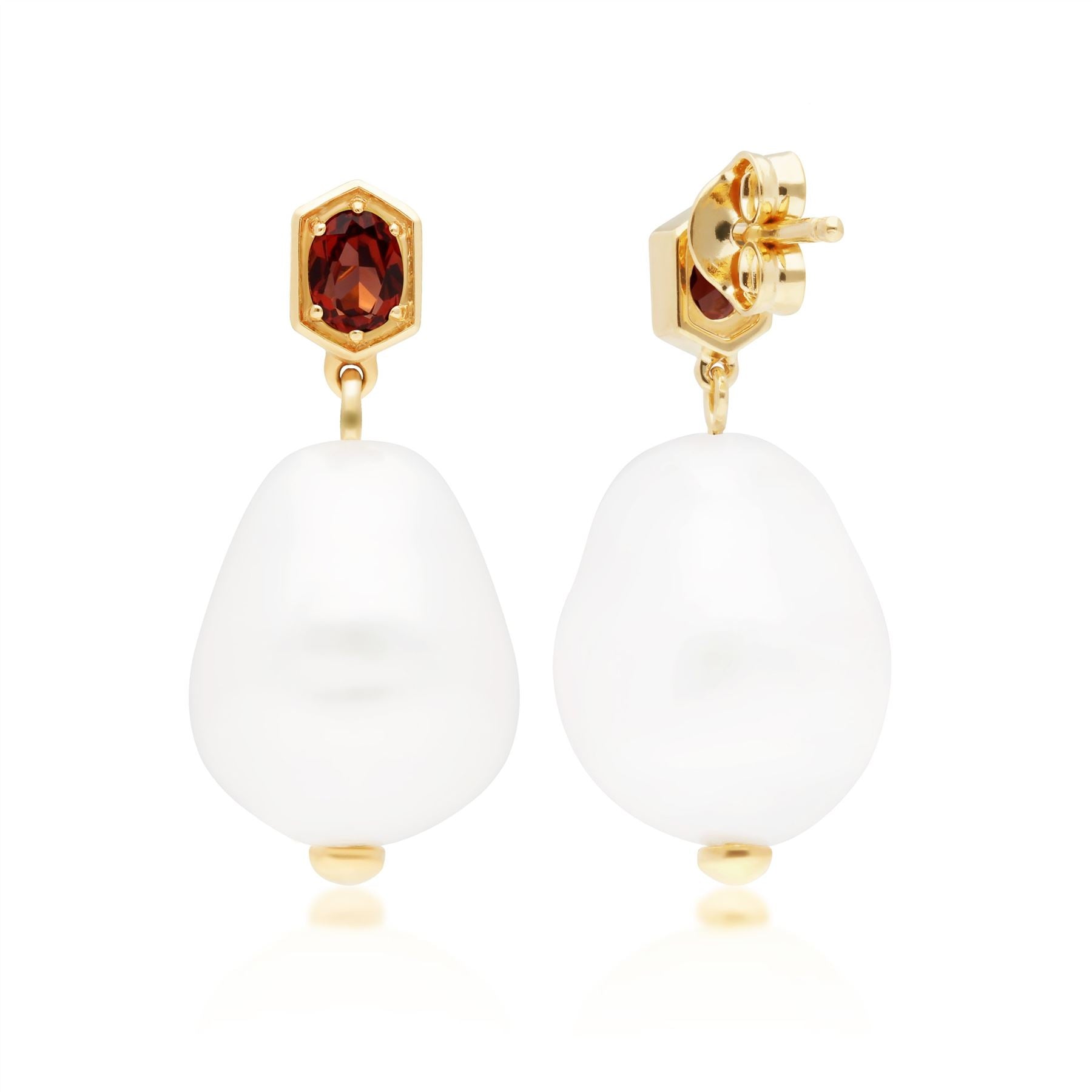 Boucles d'Oreilles Pendantes Moderne Argent 925 Plaqué Or Perle Baroque et Grenat