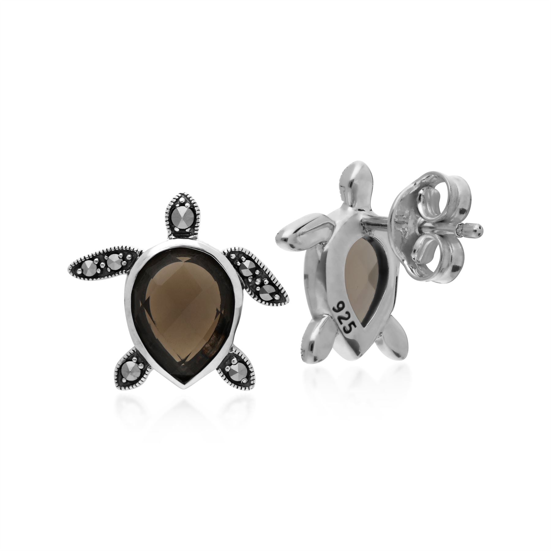 Fumé Quartz Boucles D'Oreilles, Argent Sterling 1,7ct Fumé Quartz & 0,16 CT Marcassite Tortue Boucles D'Oreilles