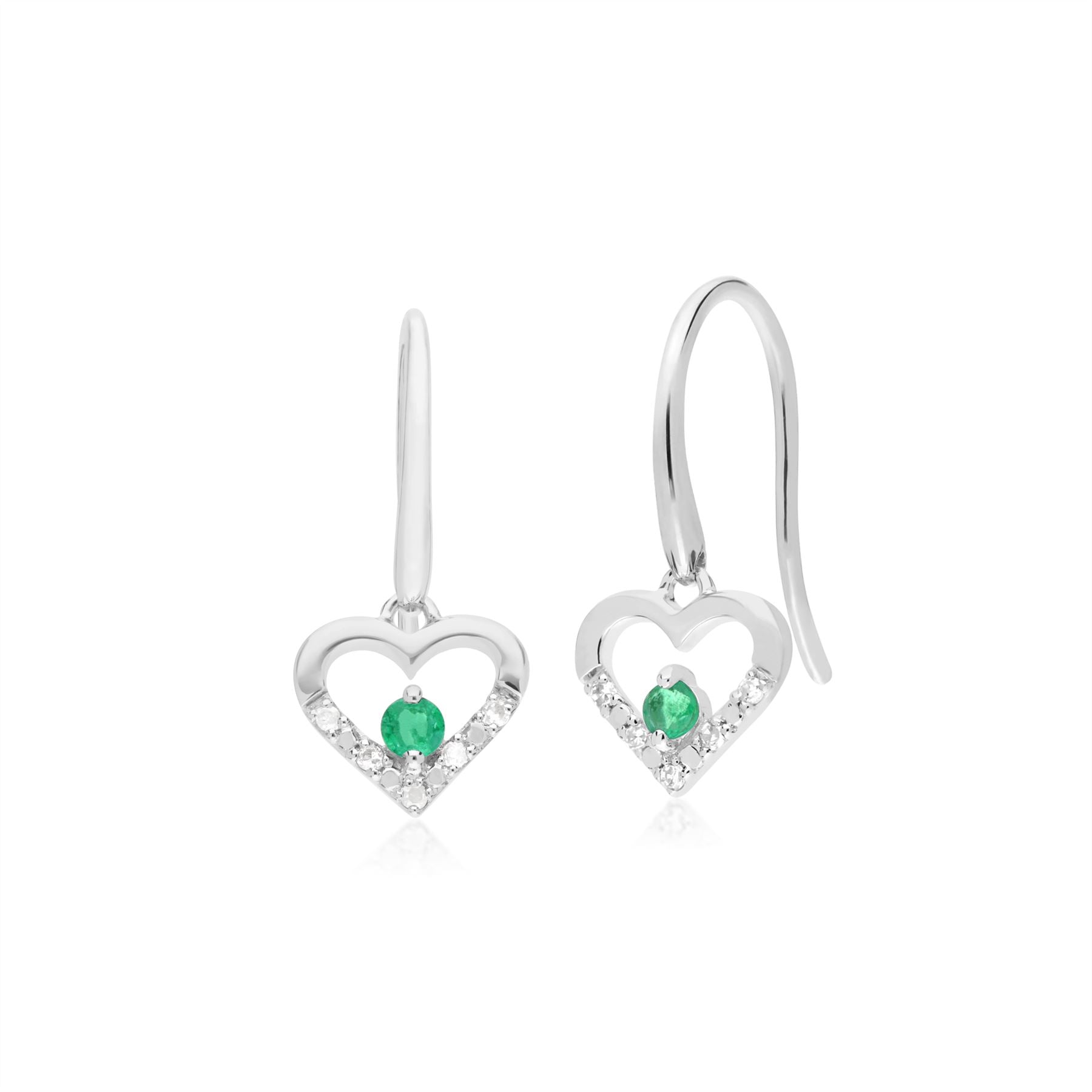 9 ct or Blanc Unique Émeraude & Diamant Boucles D'Oreilles Cœur Ouvert