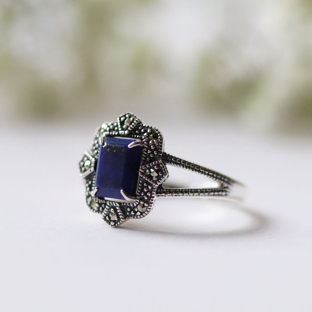 Bague Style Art Déco en Argent 925 avec Lapis Lazuli