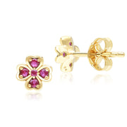 Boucles d'Oreilles Clou Trèfle Gardenia en Or Jaune 9ct avec Rubis Ronds