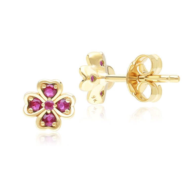 Boucles d'Oreilles Clou Trèfle Gardenia en Or Jaune 9ct avec Rubis Ronds